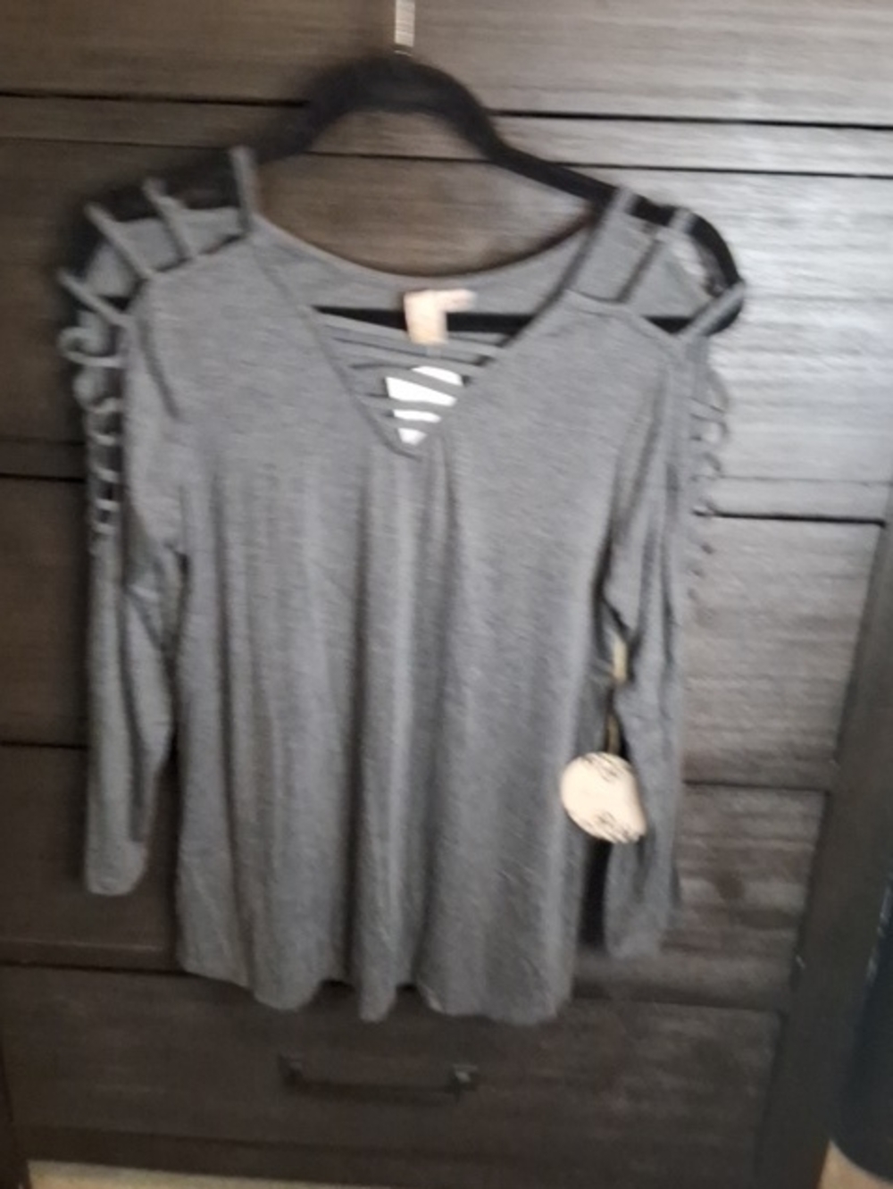 Misia Gray Cold-Shoulder Ladder-Trim Long Sleeve Top